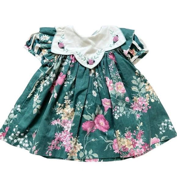 Vintage Other - Vintage Peaches ‘n Cream Baby Dress – Forest Green Floral, Rose Bib, Size 12M